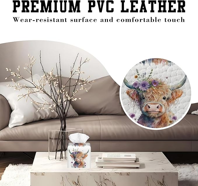 Tissue Box Holder Watercolor Highland Cow with Flowers Square Leather Tissue Box Cover Modern Cube Facial Paper Cover Case for Bathroom Vanity Countertop Night Stands Tabletop