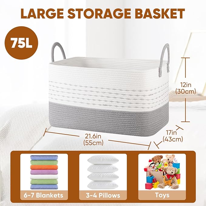 Large Blanket Basket for Living Room, 75L Woven Storage Baskets for Organizing, Rectangle Cotton Rope Toy Basket With Handles-Grey & White