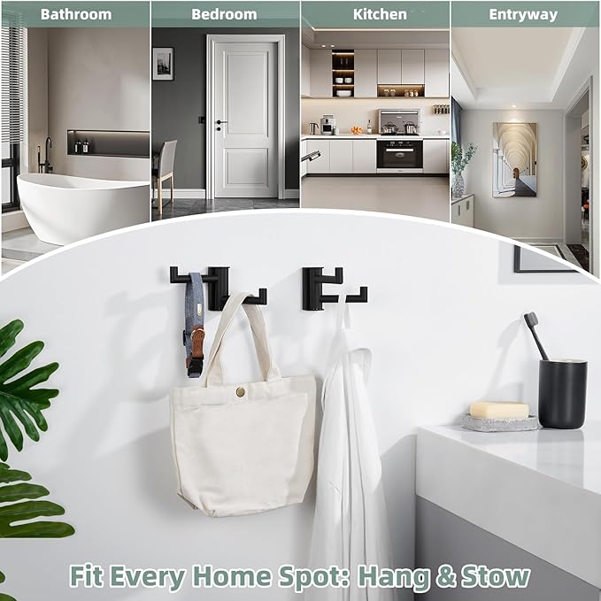 Matte Black Rotating Double Towel Hooks 2 Pack, 304 Stainless Steel Swivel Wall Hooks with 2 Arms, Space Saving Towel Hangers for Bathroom Kitchen