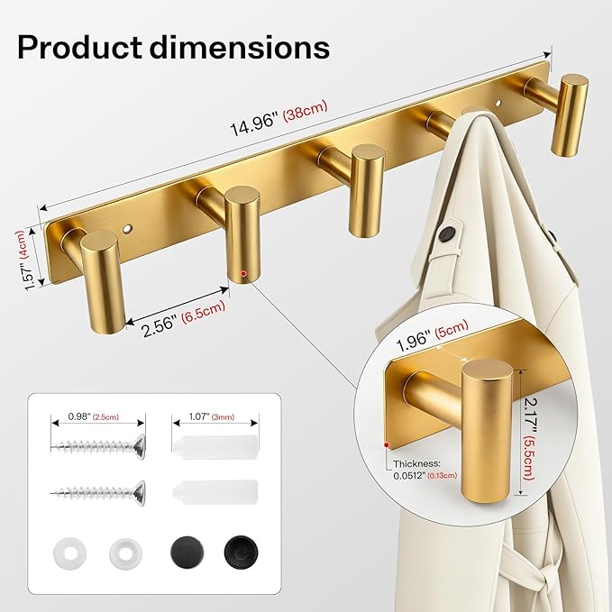 Gold Coat Hooks, Wall Mounted Coat Rack – 5 T-Shaped Towel Rack for Hats, Bags & Towels, Heavy-Duty Metal Rail for Entryway, Bathroom, Closet, Bedroom