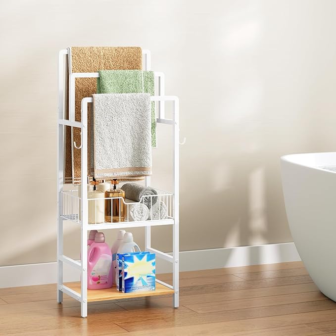 HOOBRO Free Standing Towel Rack, Blanket Rack with 3 Towel Bars, Storage Basket and Shelf, Towel Holder with Hook, Blanket Organizer, for Bathroom and Laundry, White and Natural WN13LB01