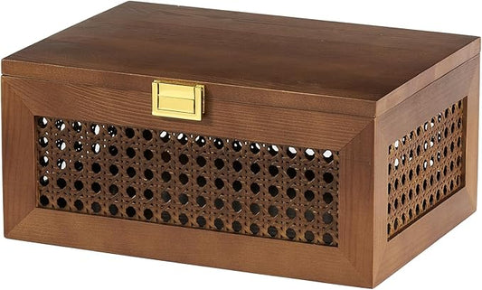 Decorative Rattan Storage Boxes Solid Wood Woven Baskets Bins with Lid Keepsake Memory Jewelry Box Natural Boho Shelf Wicker Closet Desk Organizer Container (Walnut Color, Large Size)