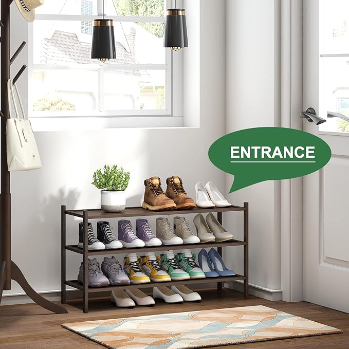 3-Tier Long Shoe Rack, Bamboo Wood Shoe Rack for Entryway, Stackable | Foldable | Natural, Shoe Organizer for Hallway Closet, Free Standing Shoe Racks for Indoor Outdoor