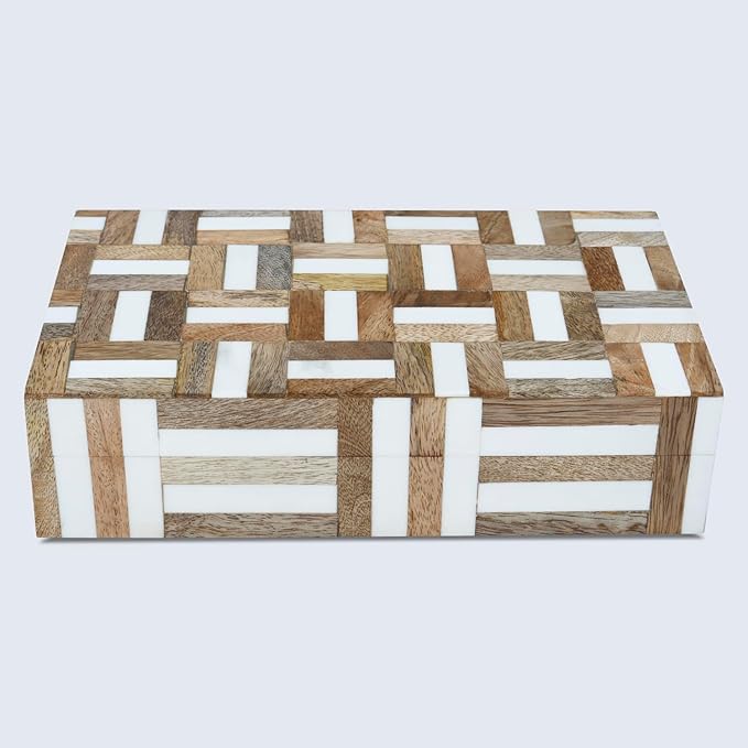 Handicrafts Home White Decorative Box with LidâMarquet Resin Inlay & Wood Decorative Boxes for Home Decor, Decor, Storage Box for Jewellery & Keys White Brown Neutral Decorative Storage Box-10x4.5x2.5