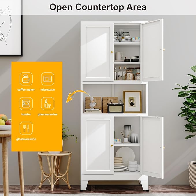 69" Tall Metal Pantry Cabinet with Microwave Shelf,Microwave Storage Cabinet with 4 Doors & 3 Adjustable Shelves,Metal Cabinet with Storage for Kitchen Dining Room Living Room(1PC,White)