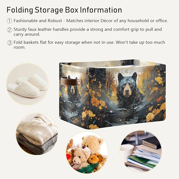Storage Basket Black Bear in The Forest Durable Canvas Collapsible Toy Box Organizer Bin with Handles for Shelf Closet Bedroom Home Office
