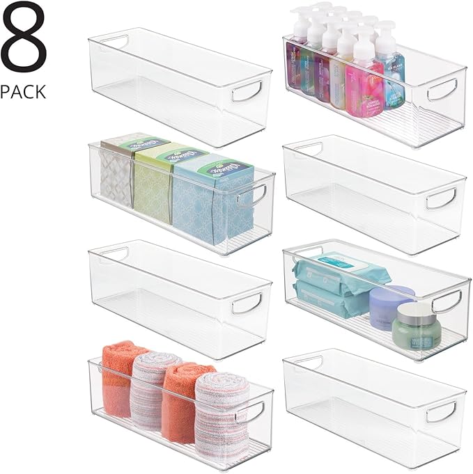 mDesign Plastic Bathroom Storage Container Bins w/ Handles - Closet, Cabinet, Vanity, Cupboard Shelf Organization, Hair Tools Accessory Organizer - Ligne Collection; Clear, 16x6x5 (Pack of 8)