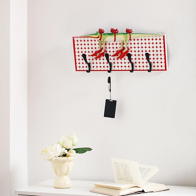 Decorative Wall Hook Rack with 4 Metal Hooks, 18" x 8" Red and White Vintage Plaid Panel, Whimsical Crocodile Wall Decor Organizer for Entryway, Kitchen, Living Room
