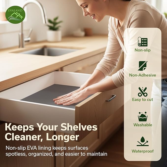 EVALAND Shelf Liners for Kitchen Cabinets Non-Adhesive 17.7" x 33 FT Grey Drawer Liner Non Slip, Washable Cabinet Liner, Waterproof Shelf Liners for Cabinets, Refrigerator Bathroom Pantry - Thickened