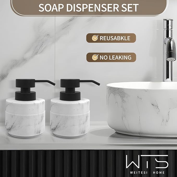 2pcs/Set 12.5oz Marble White Hand Soap Dispenser Sets, Resin Liquid Soap Dispenser with Rust Proof Pump for Bathroom Countertop, Kitchen Refillable Liquid Bottle for Lotion, Body Wash