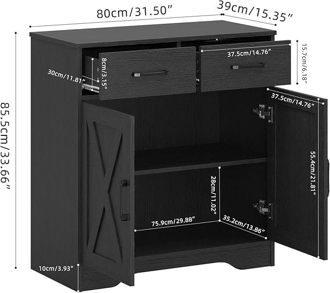 Panana Sideboard 2 Drawers 2 Doors Entryway Storage Cabinet Living Room Organizer Farmhouse Style Wooden Kitchen Cupboard (Black)