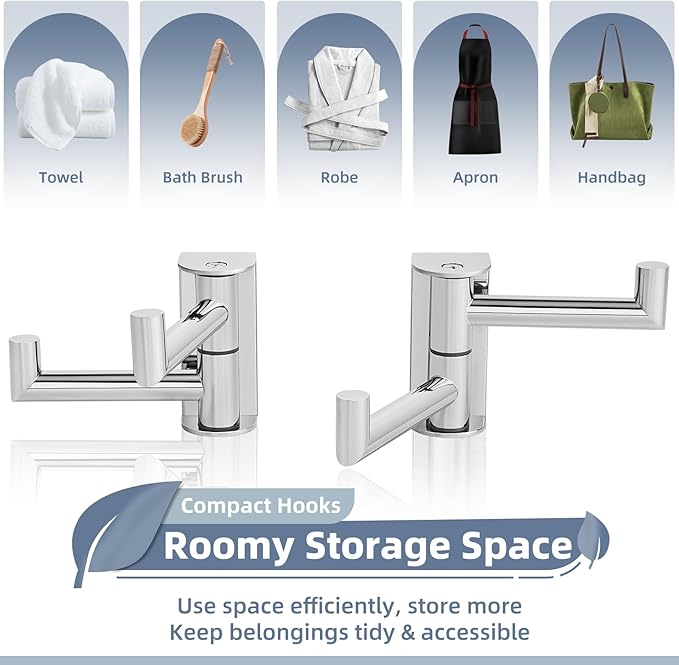 Polished Chrome Swivel Towel Hooks 2 Pack, 304 Stainless Steel Wall Mounted Foldable Double Coat Hooks, Max 11lbs Heavy Duty Bathroom Hand Towel Holders