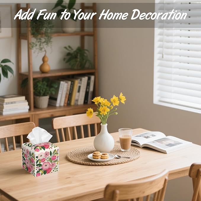 Spring Flowers Bouquet Tissue Box Cover Square,Tissue Box Holder with Belt Bottom,Stylish Leather Napkin Holder for Vanity Countertop,Nightstands,Office Desk,5.2"Ã5.2"Ã5.2"