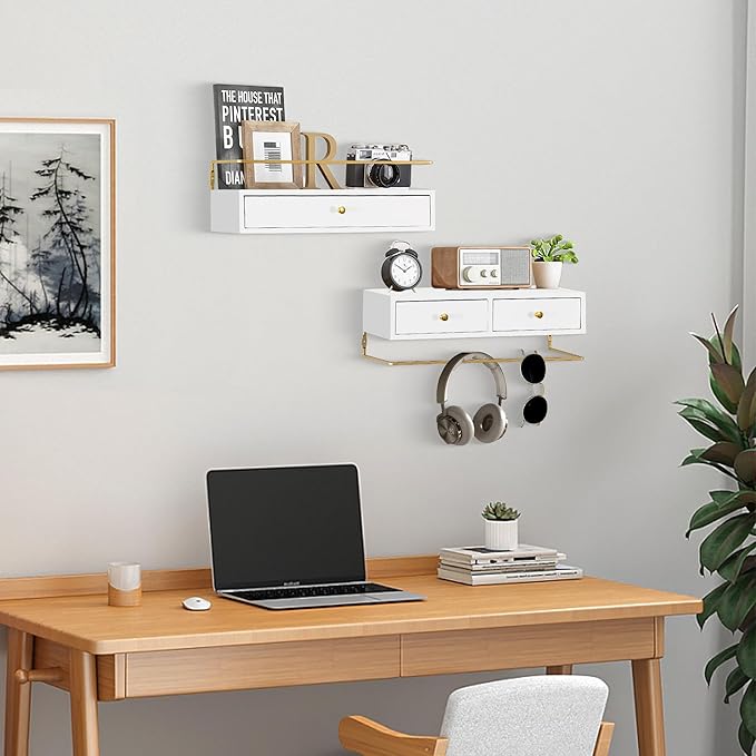 Floating Shelves With Drawers Set of 2, Wall Mounted Bathroom Storage, Rustic Wood Shelves for Bedroom, Living Room, Kitchen, Home Decor, Plants, Books (White)