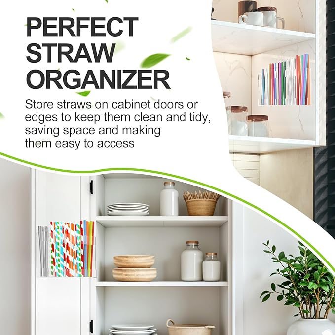 2 Pack 9.5” Large Acrylic Straw Holder for Cabinet Door with Detachable Ultra Sticky Adhesive Squares and Stickers, 2026 Reusable Straws Organizer Storage Dispenser for Kitchen Counter Cupboard