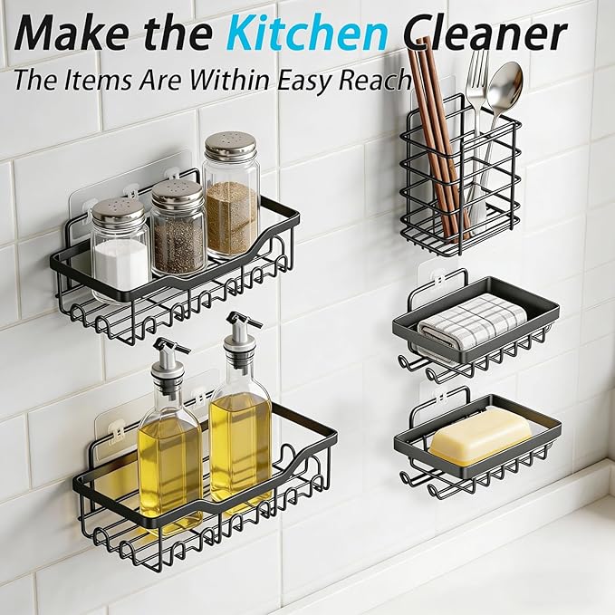 Adhesive Shower Caddy, 5-Pack Rustproof Stainless Steel Bathroom Organizer with 28 Hooks, No-Drill Large Capacity Shower Shelves for Bathroom Storage & Home Décor, Black