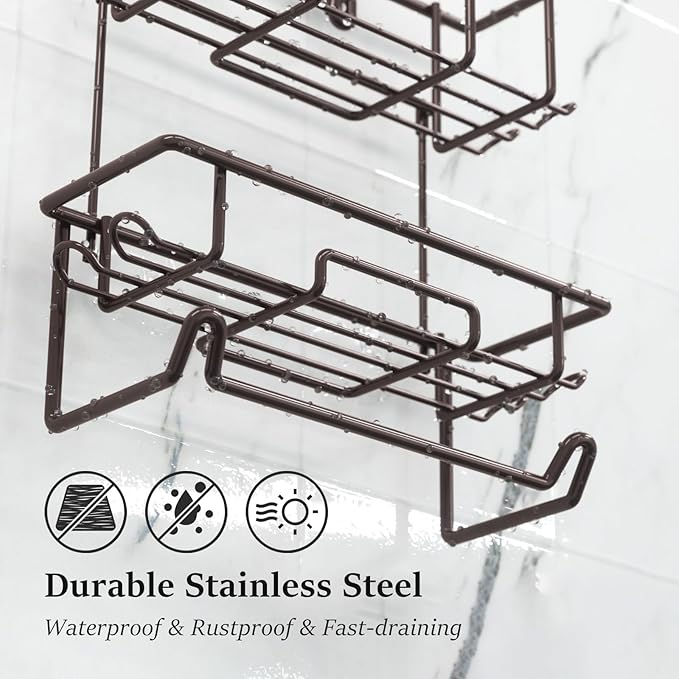 Shower Caddy Hanging over Shower Head Rust Roof Shower Organizer with 10 Hooks for Razor Shampoo Holder Bathroom Shower Rack Storage Shelf with Towel Bar – Bronze
