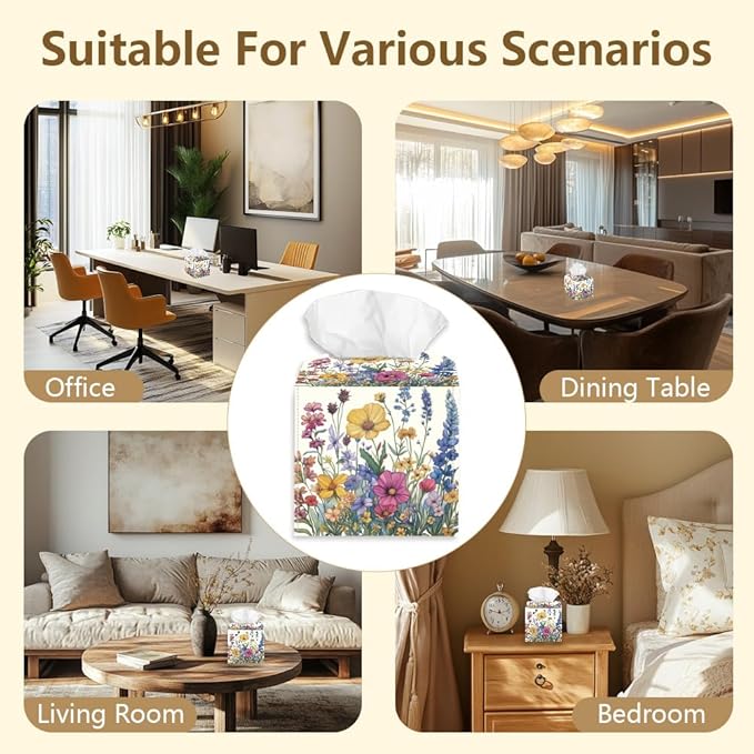 Wild Flowers Tissue Box Holder, Vintage Floral Square Tissue Box Cover Foldable Tissue Storage Box Waterproof Paper Towel Case Container Organizer Tissue Box Holder for Bedroom Office Car