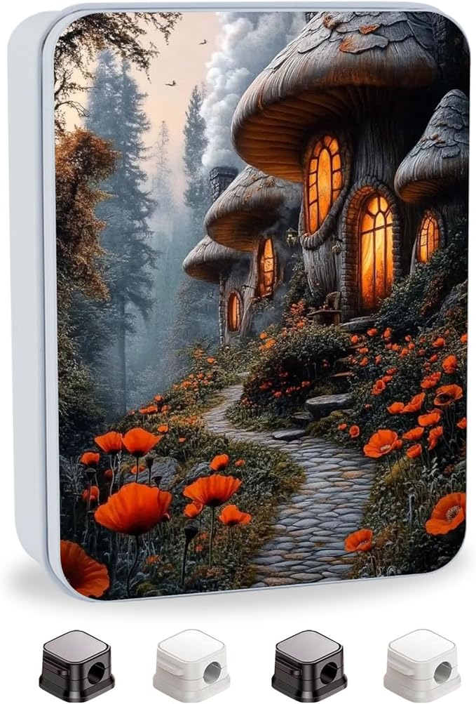 Metal Tin Box with Lid,Multi-functional Storage Box Can Store Tea Biscuits Game Cards, Playing & Tarot Cards-Comes with 4 Magnetic Cord Clips,Mushroom Houses in Forest