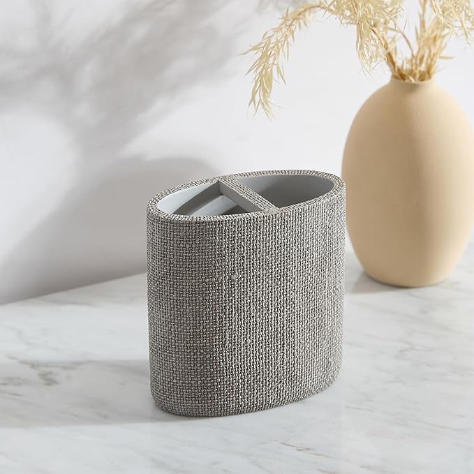 Tahari Home - Bathroom Set, Resin Countertop Accessories, Includes Toothbrush Holder, Tumbler, Vanity Tray & Lotion Pump, Textured Design (Astor Light Grey, 4-Piece)