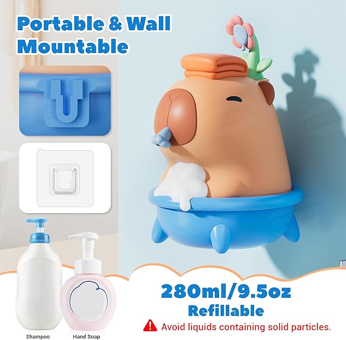 UNEEDE Capybara Hand Soap Dispenser, Automatic Touchless Foaming with Advanced Sensor, IP7 Waterproof, Portable & Wall Mount Rechargeable, 9.5oz/280ml, Cute Soft Silicone for Bathroom, Decor Gifts