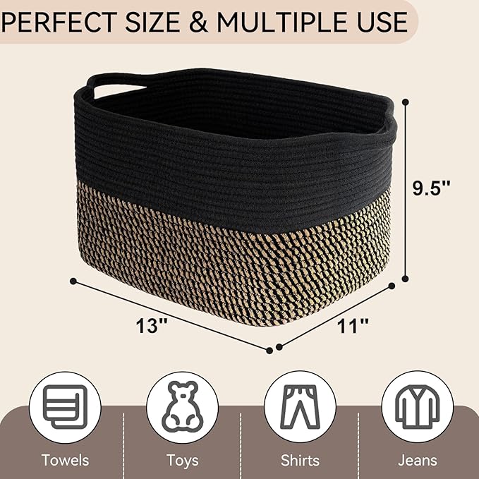 Storage Basket,Cotton Rope Woven Baskets for Organizing,Medium Soft Basket for Toys,Nursery,Bedroom, Gift Baskets for Home Decor,14"Ã11"Ã10",Black-Brown