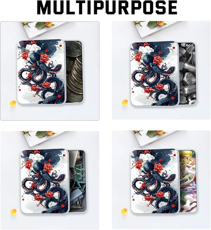 Metal Tin Box with Lid,Multi-functional Storage Large Box Can Store Tea Biscuits Game Cards, Playing & Tarot Cards-Comes with 4 Magnetic Cord Clips,Octopus with Red Flowers