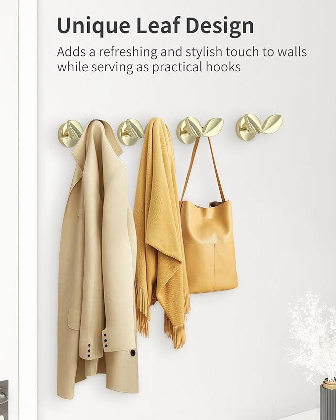 Decorative Coat Hooks Wall Mount, Unique Wall Decor Hooks for Hanging Towel Key Purse Hat Robe Clothes Cute Dual Leaves Hanger Hook for Bathroom Shower Closet Entryway Bright Gold 4 Pack