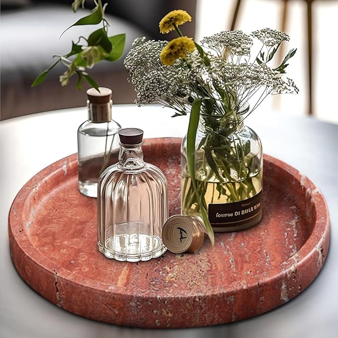 Natural Travertine Tray for Bathroom Countertop & Coffee Table, Round Stone Serving Dish with Marble Finish (Red, 9.84")