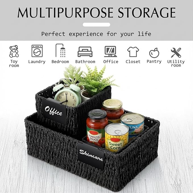 Marsui 6 Pcs Wicker Storage Baskets with Labels Handwoven Paper Rope Multi-size Black Wicker Storage Bins for Organizing Small Baskets Container for Shelves Closet Pantry Toilet