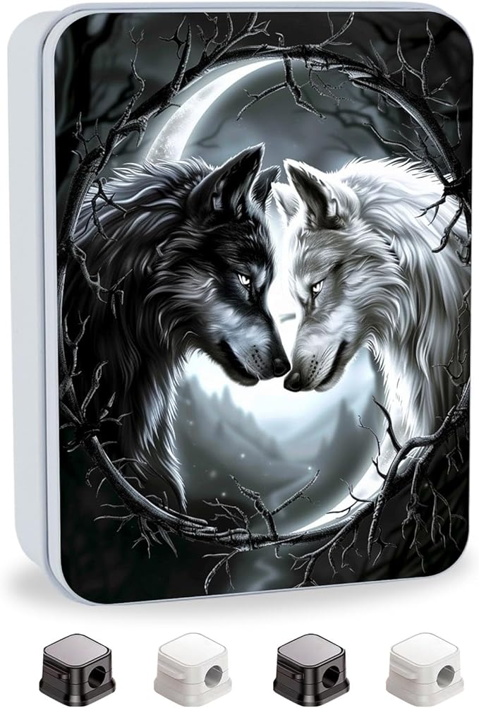 Metal Tin Box with Lid,Multi-functional Storage Large Box Can Store Tea Biscuits Game Cards, Playing & Tarot Cards-Comes with 4 Magnetic Cord Clips,Black and White Twin Wolves