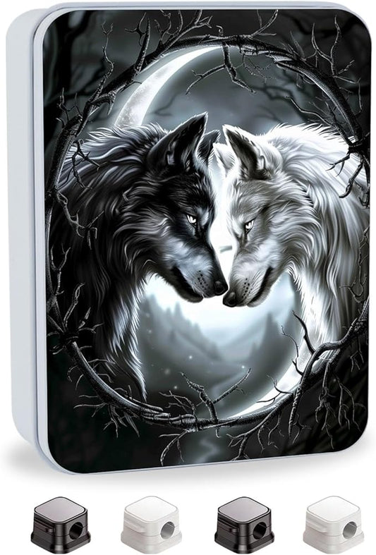 Metal Tin Box with Lid,Multi-functional Storage Large Box Can Store Tea Biscuits Game Cards, Playing & Tarot Cards-Comes with 4 Magnetic Cord Clips,Black and White Twin Wolves