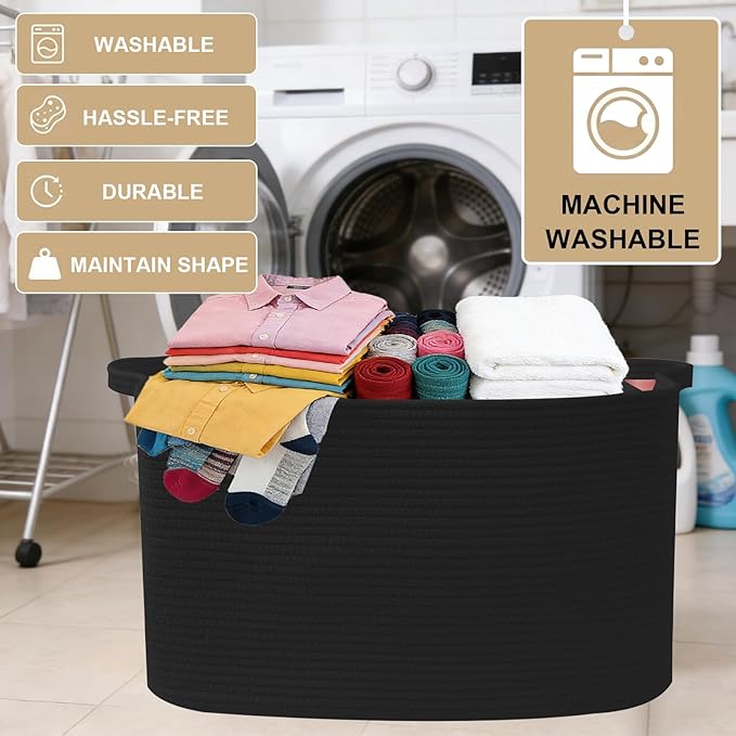 Magazine & Newspaper Baskets,Large Woven Rope Blanket Basket,24"x16"x15"Storage Bin with Handle,Toys Storage,Laundry Basket for Home Organization/Living Room/Nursery/Bedroom,Black