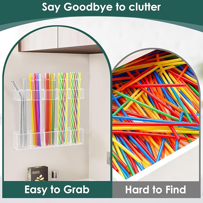 Straw Holder for Cabinet Door, 9.45âLarge Acrylic Reusable Tumbler Straw Organizer Storage Dispenser with Double Sided Adhesive,Under Cabinet & Wall Mount Drinking Straw Storage, Easy to Install