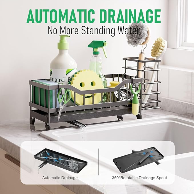 Sponge Holder for Kitchen Sink, Kitchen Sink Caddy with Long-Handled Dish Brushes Holder, 304 Rustproof Stainless Steel Countertop Organizers and Storage, Home Kitchen Sink Accessories (Black)