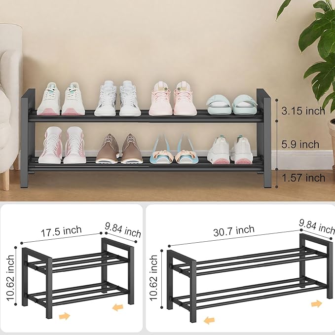 2-Tier Expandable Shoe Rack (17.5"-30.7") – Adjustable Heavy-Duty Metal Shoe Organizer Shelf for Closet, Entryway, Mudroom & Garage – Durable Freestanding Storage, Black