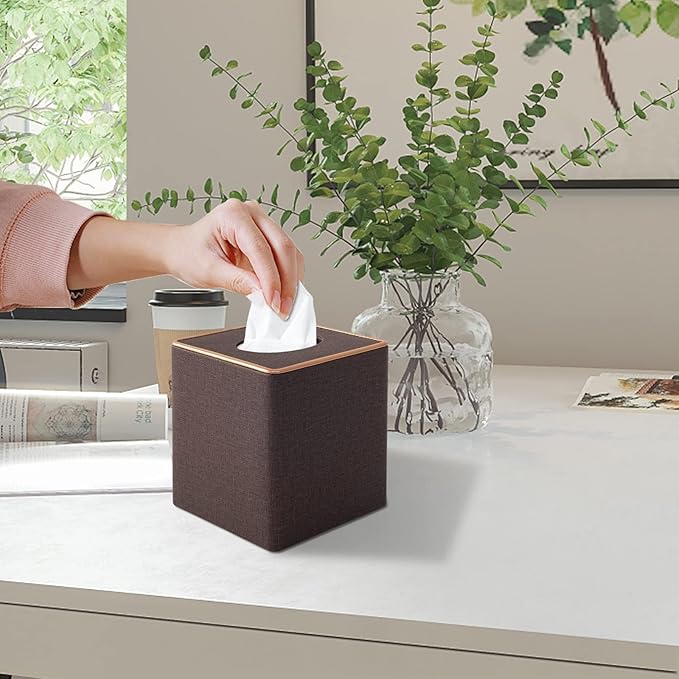 Linen Square Tissue Box Cover,Cube Tissue Box Holderï¼Excellent Rosegold Leather Decoration,Table Napkin Case Dispenser,Facial Tissues Organizer with Magnetic Bottom for Home Office Car(Coffee)