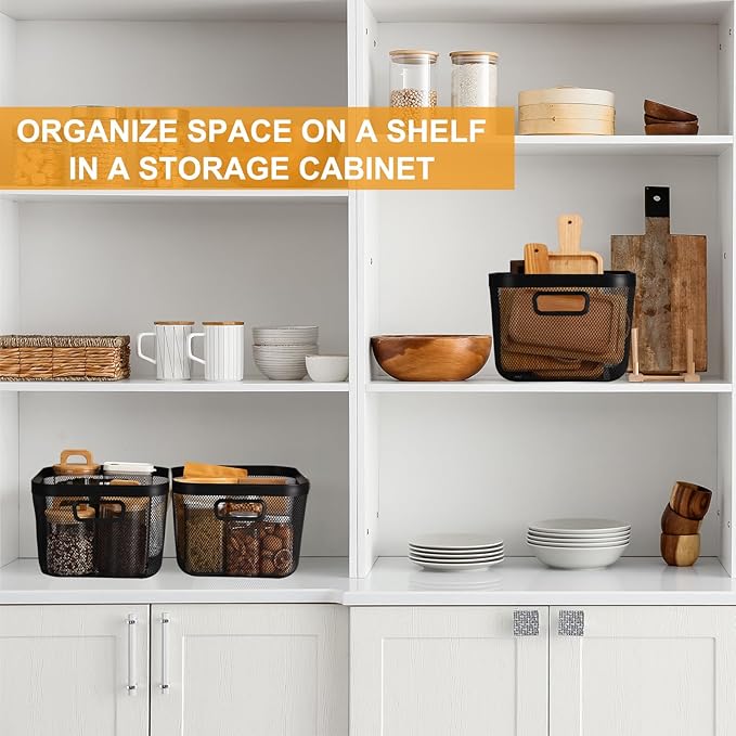 4 Pack Metal Mesh Basket with Hollow Handles Black Wire Storage Bin for Organizing Stackable Metal Fine Mesh Basket for Pantry Bathroom Kitchen Cabinets Shelves (Large)