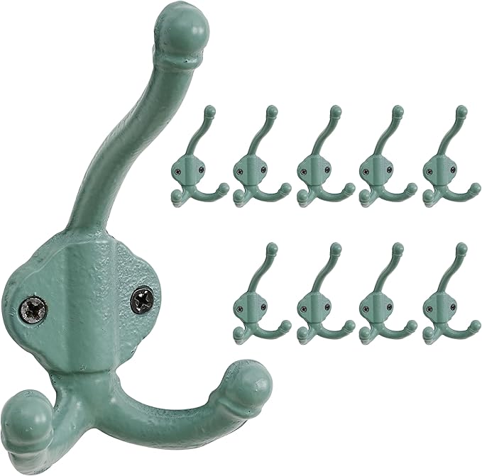 Dseap Cast Iron Wall Hooks L=5”, Heavy Duty Coat Hooks, Rustic Vintage Farmhouse Hook for Hanging Winter Coats Jackets Towels Hats Bags Plants, Mint Green, Pack of 10 (GripBold)