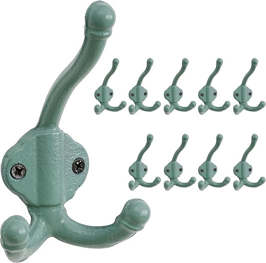 Dseap Cast Iron Wall Hooks L=5”, Heavy Duty Coat Hooks, Rustic Vintage Farmhouse Hook for Hanging Winter Coats Jackets Towels Hats Bags Plants, Mint Green, Pack of 10 (GripBold)
