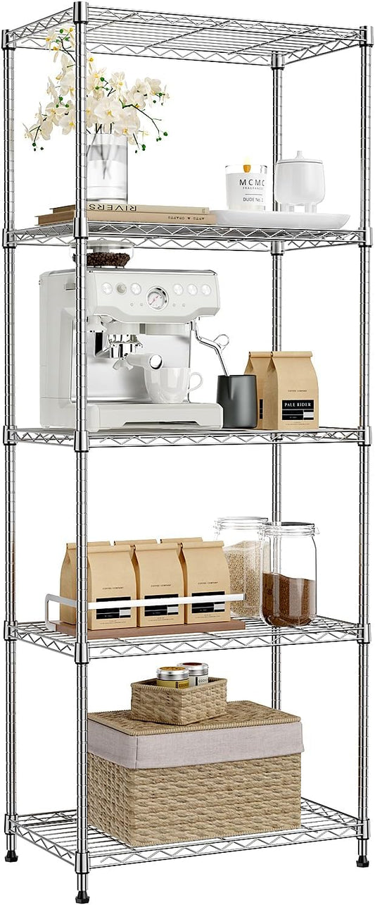 IZEUK 5-Tier Chrome Metal Storage Shelves, Adjustable Wire Shelving Unit for Kitchen, Bathroom, Pantry, Office, Garage, Organizer Wire Rack, 1250 lbs, 13.7" D x 23.6" W x 63" H