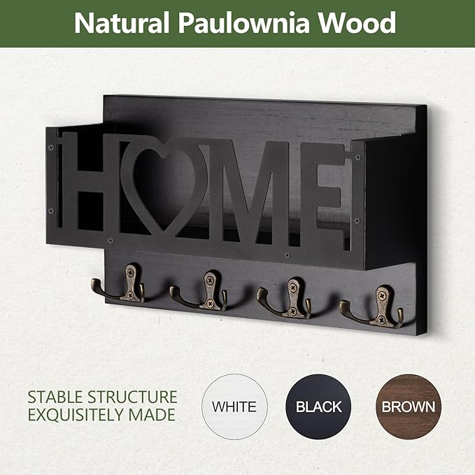 Wall Mount Mail and Key Holder, Wooden Mail Organizer with 4 Double Hooks, Black Metal Letters, Farmhouse Home Decor, Entryway Storage, 10.8 x 3.3 x 6.2 Inches