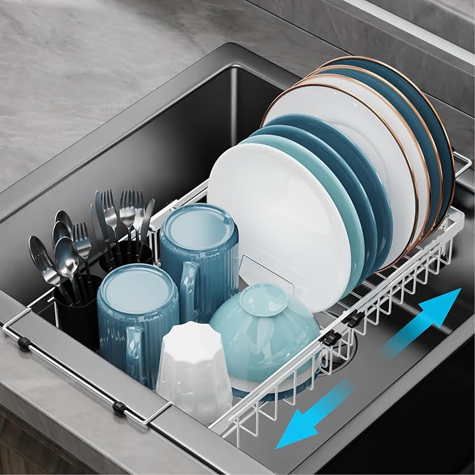 GSlife Expandable Dish Drying Rack for Large Sink- Stainless Steel Over the Sink Dish Drainer with Locking Knob for Kitchen, Arms with Non Slip Rubber, 12.8" W x 13.4"-20.5" L, Silver