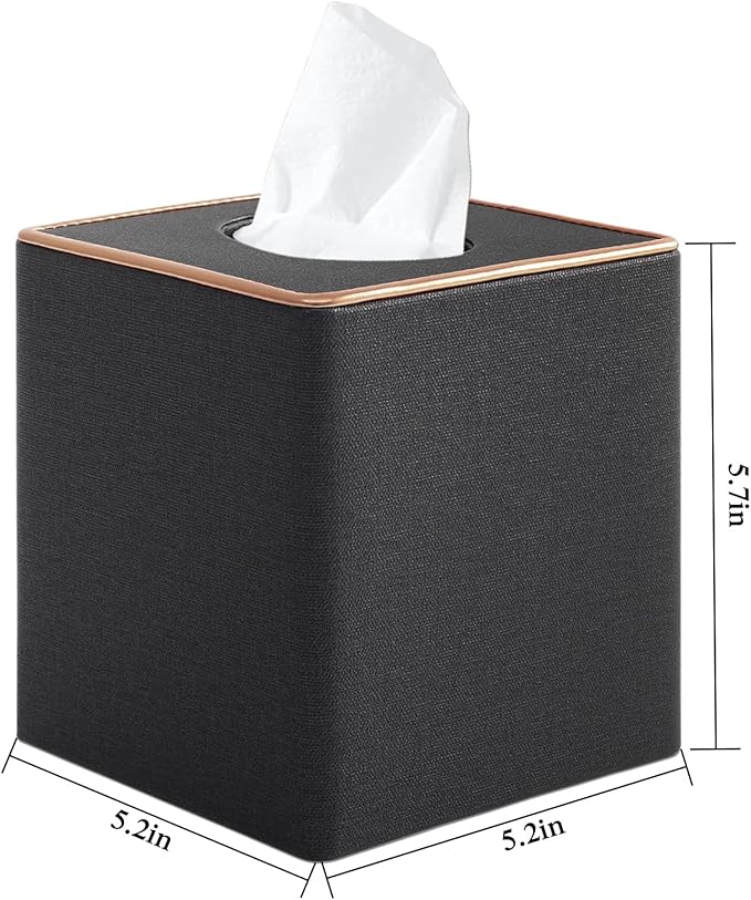 Linen Square Tissue Box Cover,Cube Tissue Box Holderï¼Excellent Rosegold Leather Decoration,Table Napkin Case Dispenser,Facial Tissues Organizer with Magnetic Bottom for Home Office Car(Black)