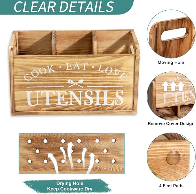 Kitchen Utensil Holder for Countertop, Large Solid Wood Farmhouse Cooking Utensils Organizer for Kitchen Counter, 3 Compartments Utensil Spoon Holder Tool Storage for Home Decor (Burned wood)