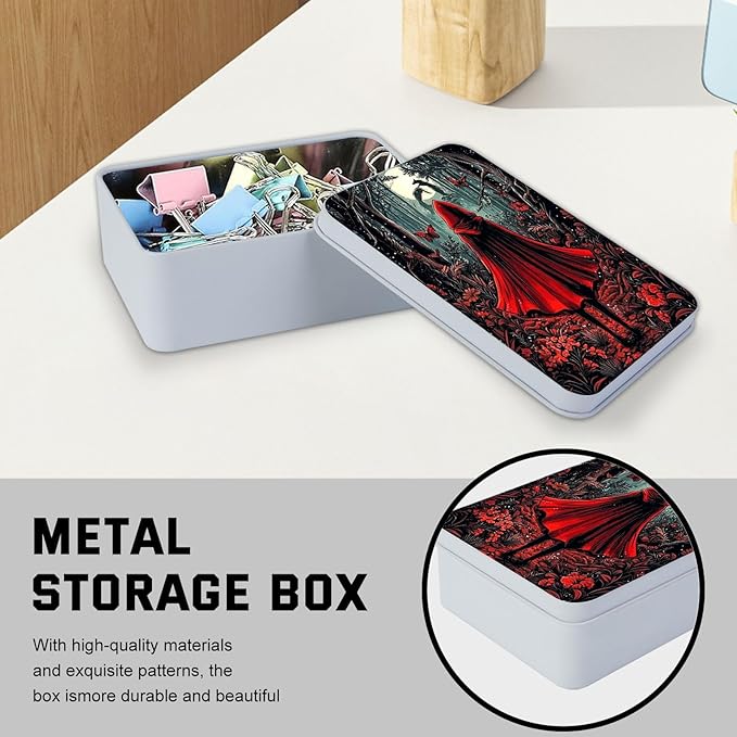 Metal Tin Box with Lid,Multi-functional Storage Box Can Store Tea Biscuits Game Cards, Playing & Tarot Cards-Comes with 4 Magnetic Cord Clips,Red Hood in Forest