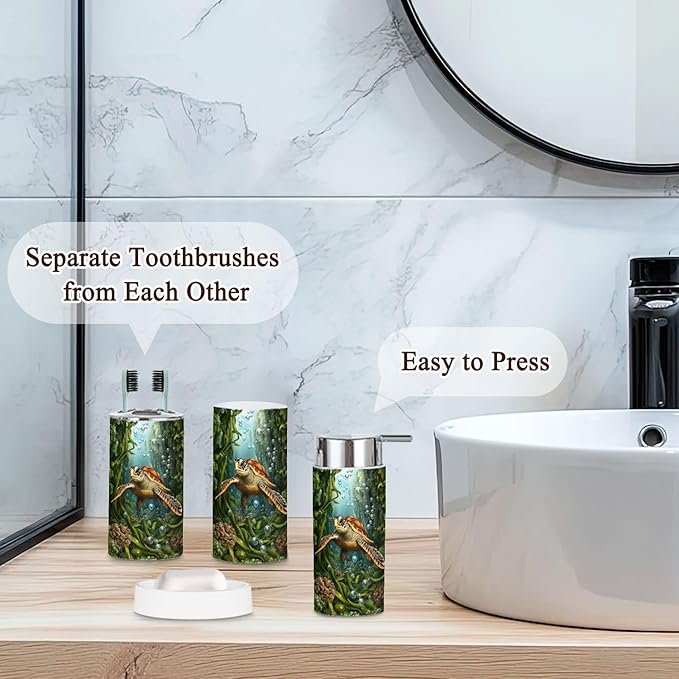 6 Piece Bathroom Accessories Set Dynamic Sea Turtle Tale Bubbles Kelp Vibrant Colors Trash can Toilet Brush Holder Toothbrush Holder Toothbrush Cup Soap Dispenser Soap Dish for Home
