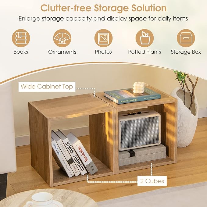 Giantex 2 Cube Bookshelf Organizer, 2-Tier 15'' Tall Open Shelving with Anti-toppling Device, Cube Storage Organizer, Record Player Stand, Wood Bookshelf for Living Room, Bedroom, Kids Room