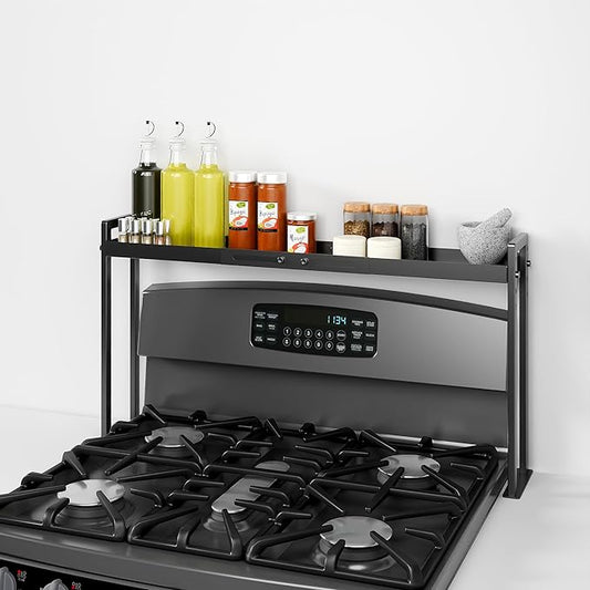 Bumusty Adjustable Stove Top Shelf,Over Shelf for Stove â Expandable 4-Level Spice Rack & Kitchen Organizer, Anti-Slip Metal Construction, 27"â33" Length, 11"â14" Height, Black