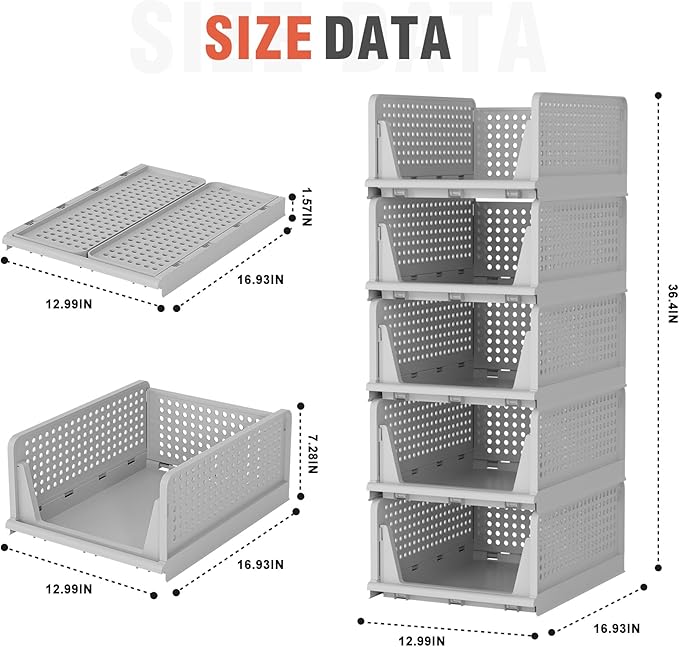 Stackable Plastic Storage Drawers for Closet Organizers and Storage, Open Storage Bins Closet Shelf Clothes Organizer for Closet Wardrobe (5, Grey)